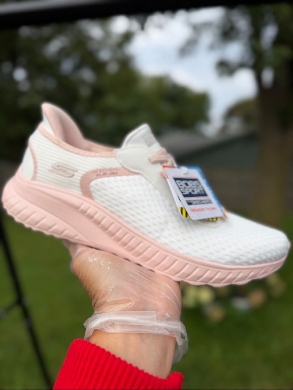 Skechers BOB Sport Squad Chaos Hands Free Slip-Ins White Pink Womens 7.5